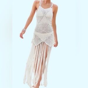 New LA Class White Crochet Knit Fringe Swim Beach Cover Up Womens size L
